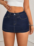 Washed Denim Bodycon Mini Skirt with Front Pockets and Slim Fit