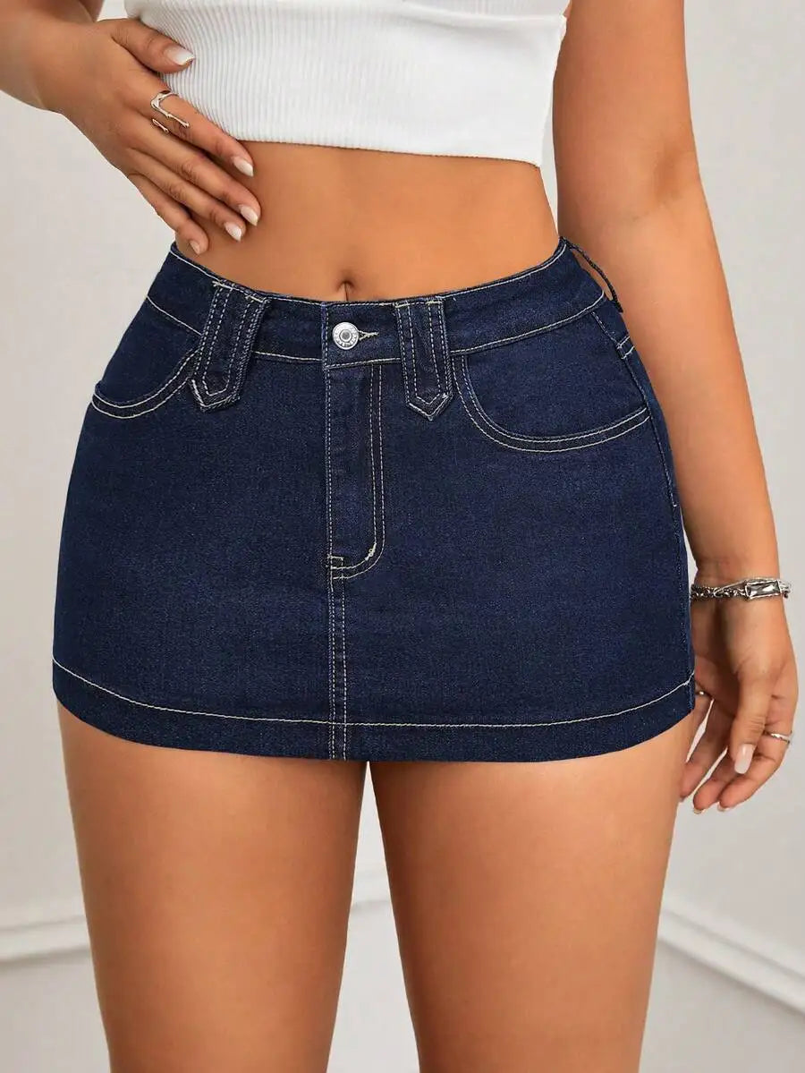 Washed Denim Bodycon Mini Skirt with Front Pockets and Slim Fit