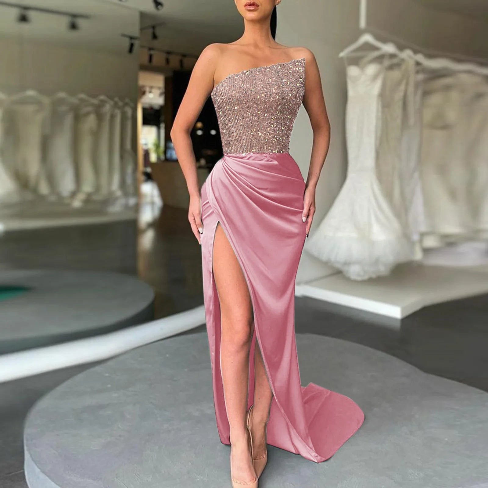 Textured Strapless Maxi Dress With High Slit And Sculpted Shape