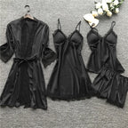Women's Satin-Look Lace Lingerie Nightgown Set with Matching Robe, Sleeveless Mini Dress and Decorative Garter-Style Detail