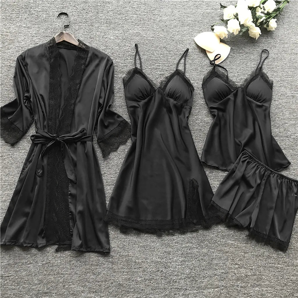 Women's Satin-Look Lace Lingerie Nightgown Set with Matching Robe, Sleeveless Mini Dress and Decorative Garter-Style Detail