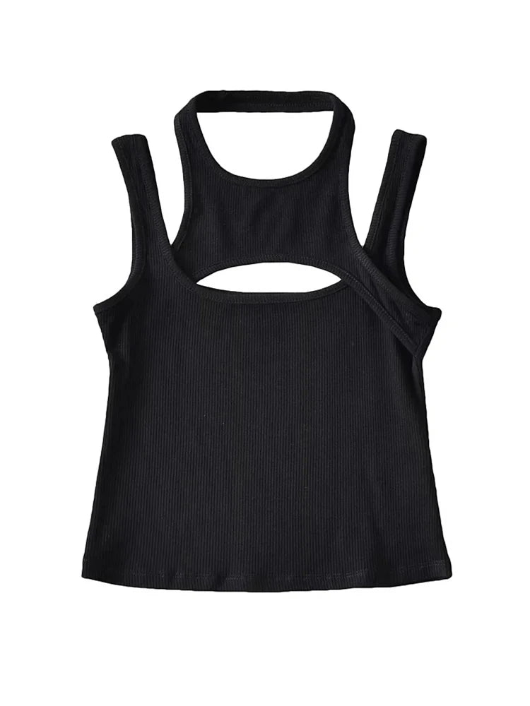 Asymmetrical Cut-Out Ribbed Tank Top with Sleeveless Slim Fit Streetwear Design
