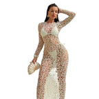 Three-Piece White Swimwear Set with Long-Sleeve Hollow-Lace Maxi Cover-Up