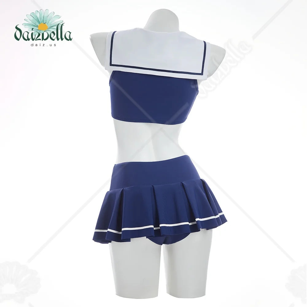 Vintage Sailor-Style High-Waisted Two-Piece Bikini Set with Navy Blue Skirt, Bow Detail and Matching Headband