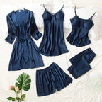 Elegant 5-Piece Burgundy Satin-Finish Sleepwear Collection with Delicate Lace Trim