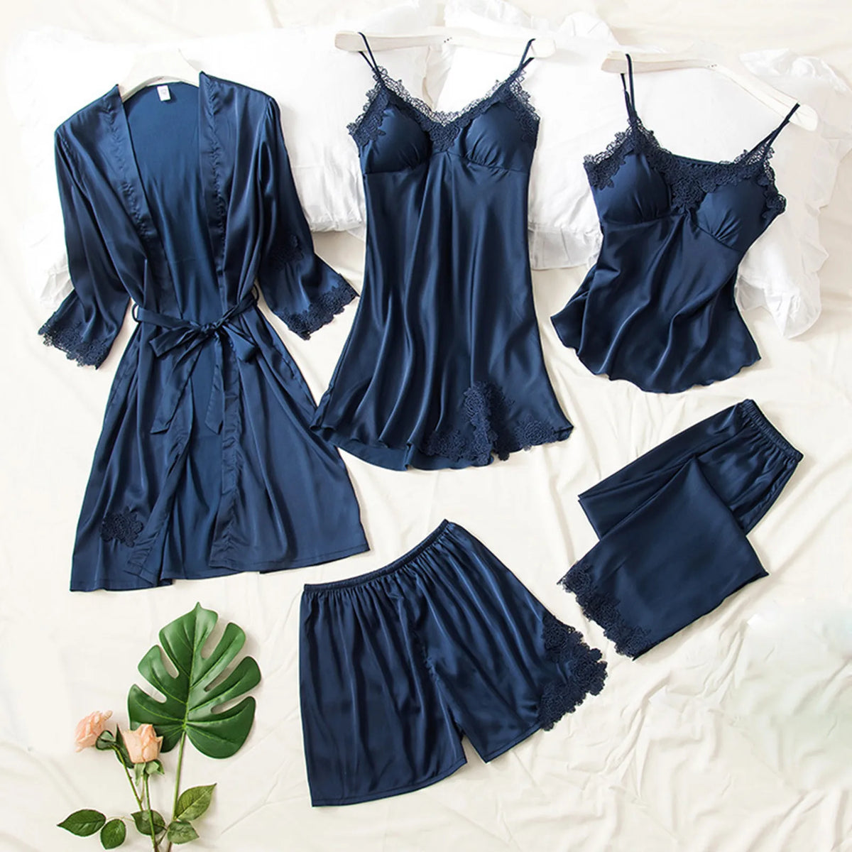 Elegant 5-Piece Burgundy Satin-Finish Sleepwear Collection with Delicate Lace Trim