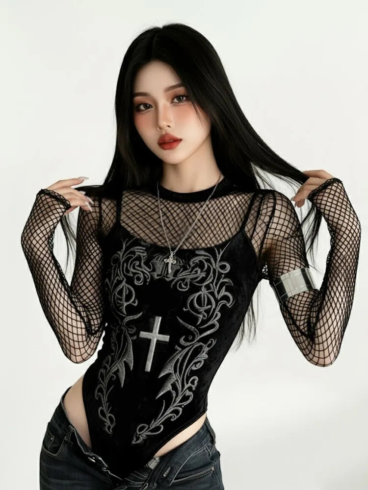 Velvet Graphic Mesh Sleeve Bodysuit for Gothic Alternative Streetwear Fashion