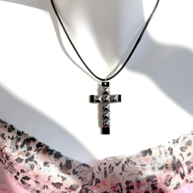 Studded Cross Pendant Necklace for Punk Grunge and Alternative Fashion Styling