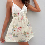Soft Cream Floral Print Babydoll Nightgown with Intricate White Lace Bodice