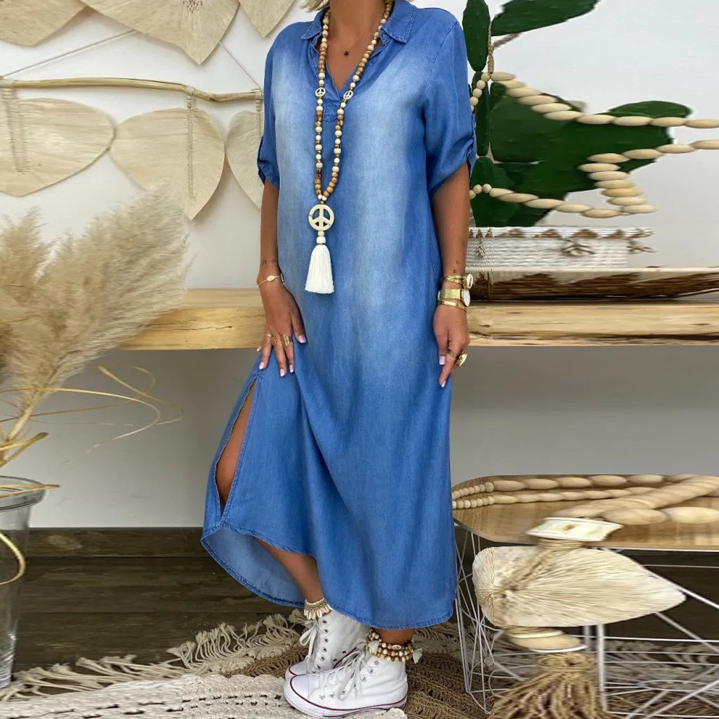 Oversized V-Neck Denim Inspired Maxi Dress with Half Sleeves and Side Slits