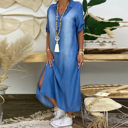 Oversized V-Neck Denim Inspired Maxi Dress with Half Sleeves and Side Slits