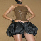 Earthy Brown Ribbed Strapless Corset Top with Dramatic Front Lace-Up Detailing