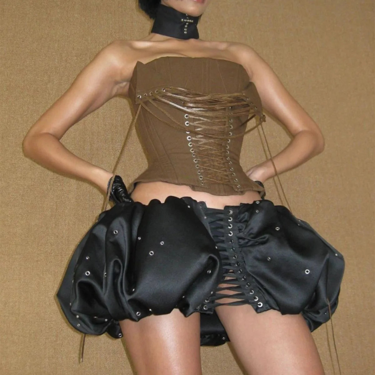 Earthy Brown Ribbed Strapless Corset Top with Dramatic Front Lace-Up Detailing