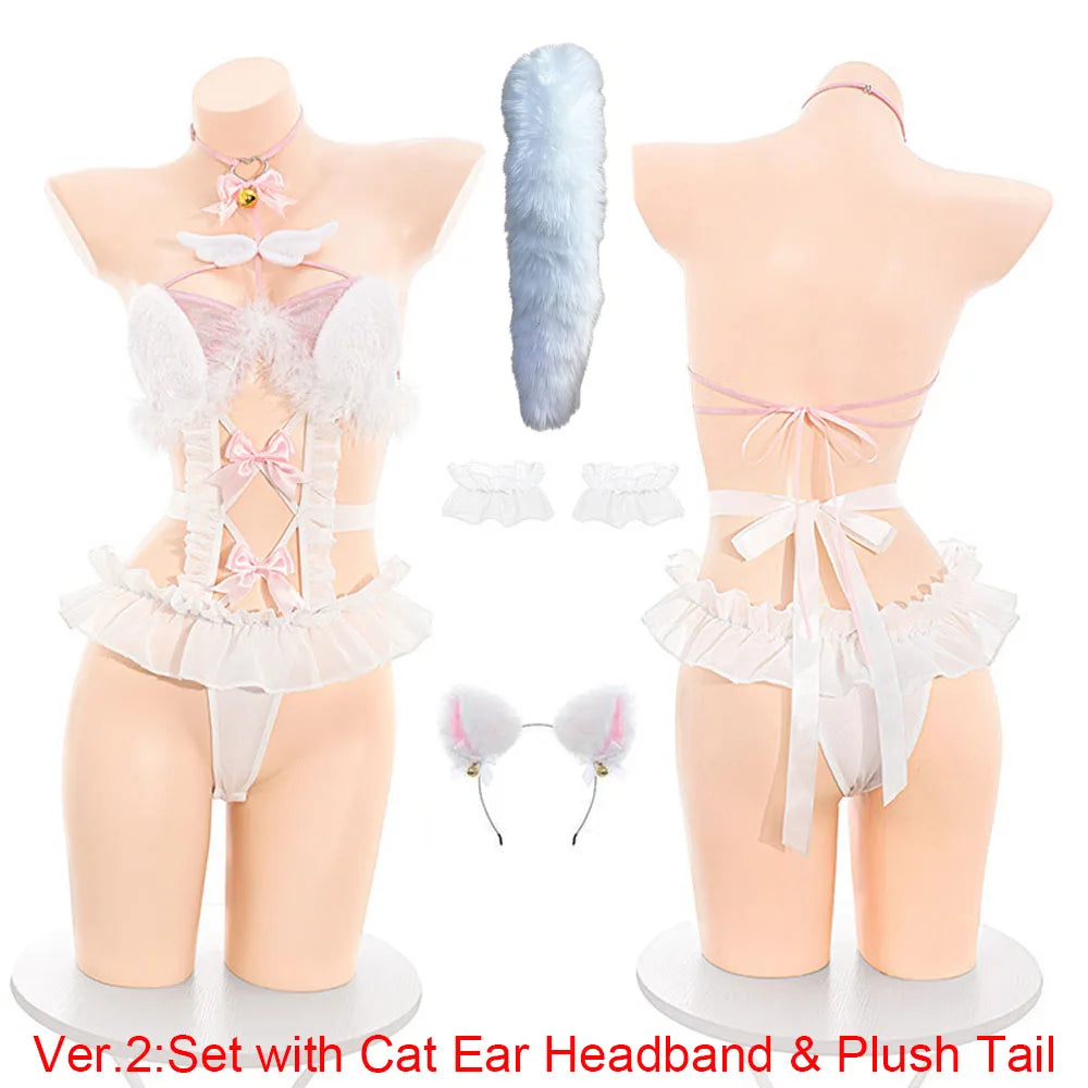 Playful White Keyhole Bodysuit with Fluffy Trim, Pink Bow Accents, and Matching Accessories