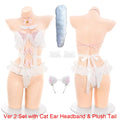 Playful White Keyhole Bodysuit with Fluffy Trim, Pink Bow Accents, and Matching Accessories