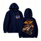 Anime-Inspired Flame Warrior Zip Hoodie with Manga Streetwear Graphic Design
