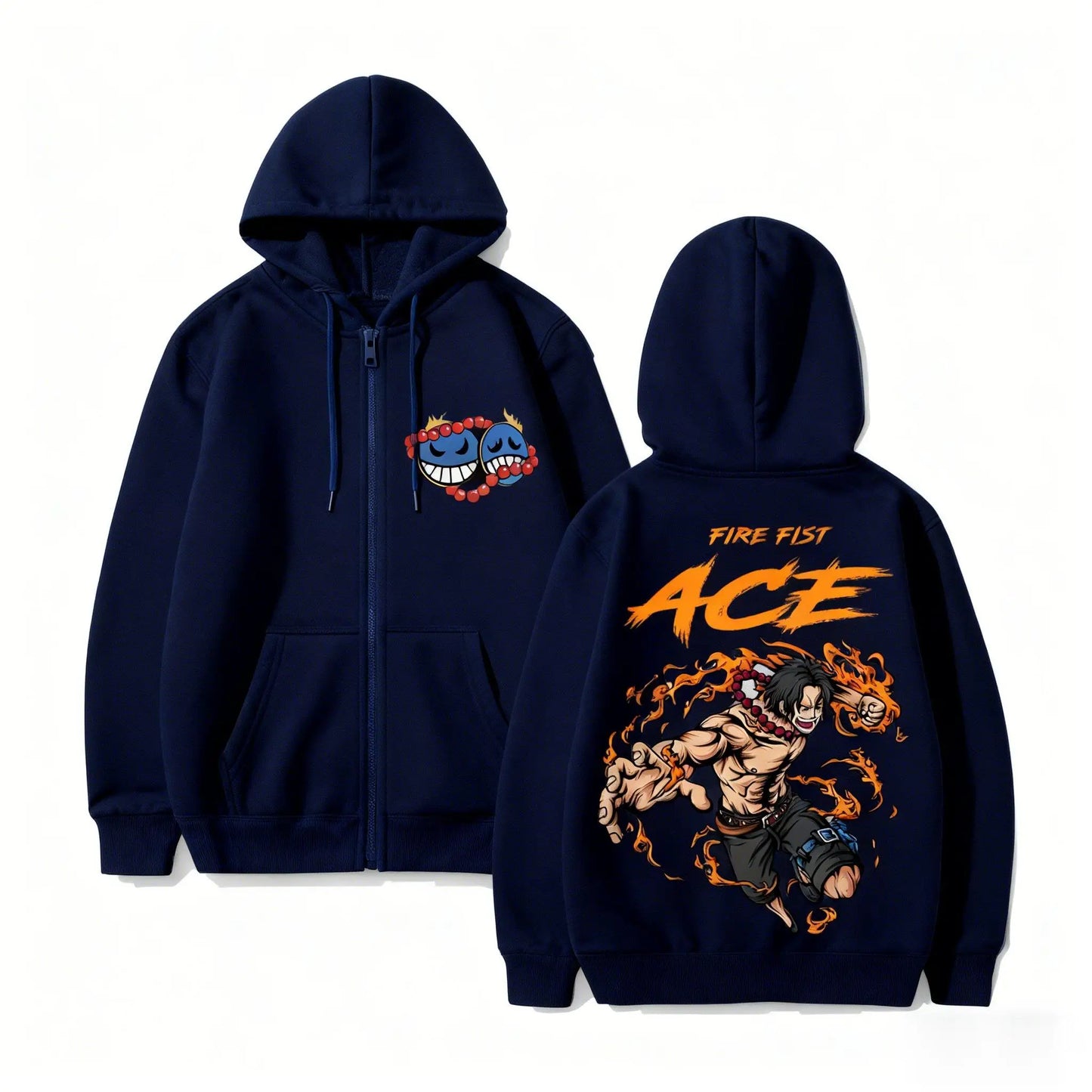 Anime-Inspired Flame Warrior Zip Hoodie with Manga Streetwear Graphic Design