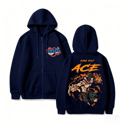 Anime-Inspired Flame Warrior Zip Hoodie with Manga Streetwear Graphic Design