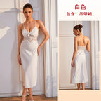 Vibrant Red Satin-Finish Midi Slip Dress with Sheer Lace Midriff