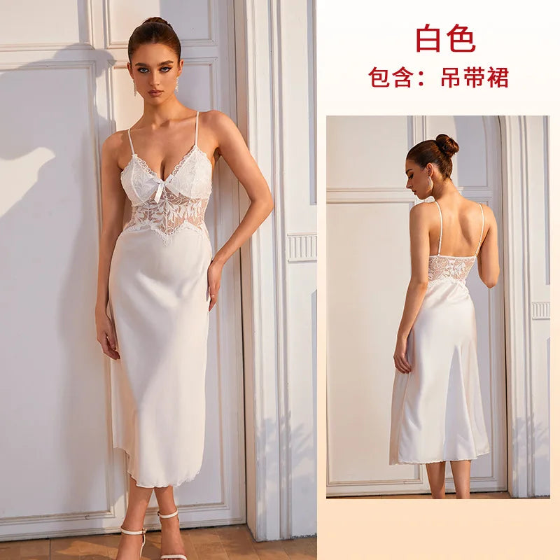 Vibrant Red Satin-Finish Midi Slip Dress with Sheer Lace Midriff
