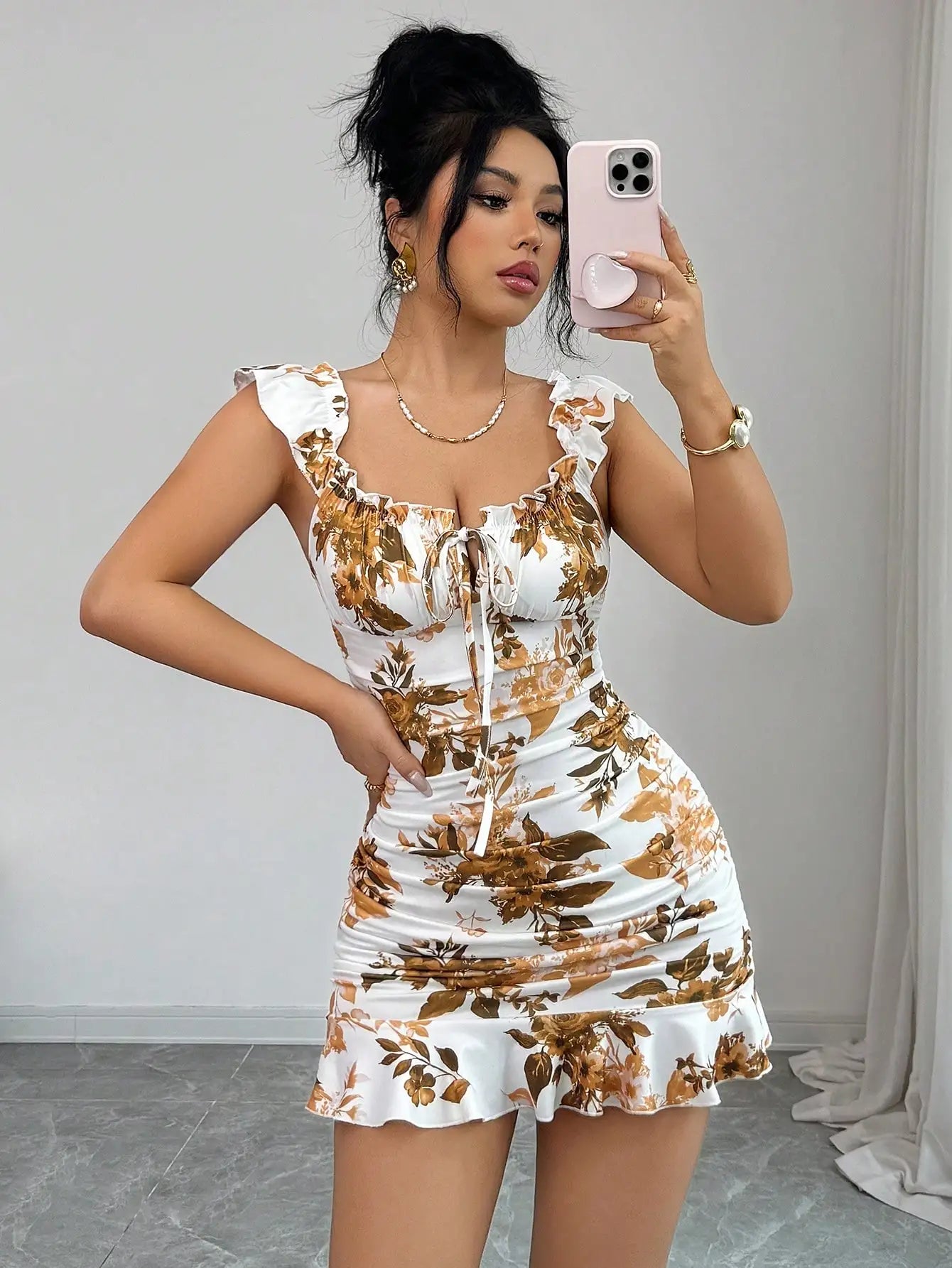Off Shoulder Ruffle Mini Dress with Smocked Waist and Flared Hem