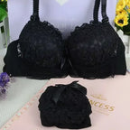 Pastel Floral Lace Contoured Push-Up Bra and Ruffled Cheeky Panty Set with Satin Bow Accents