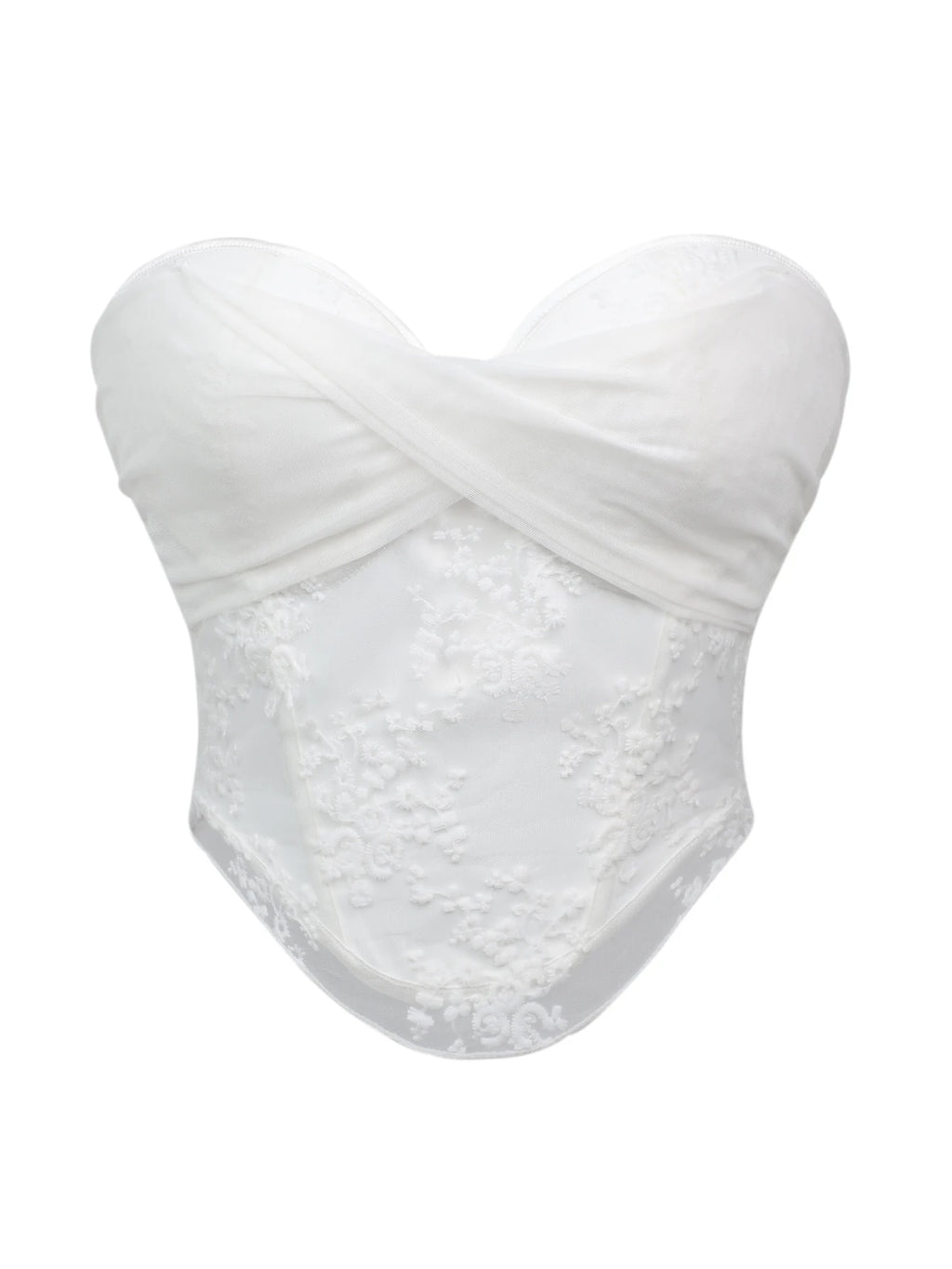 Ethereal White Strapless Corset with Draped Sweetheart Bodice and Lace Overlay