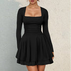 Square Neck Long Sleeve Mini Dress with Structured Waist and Ruffle Hem