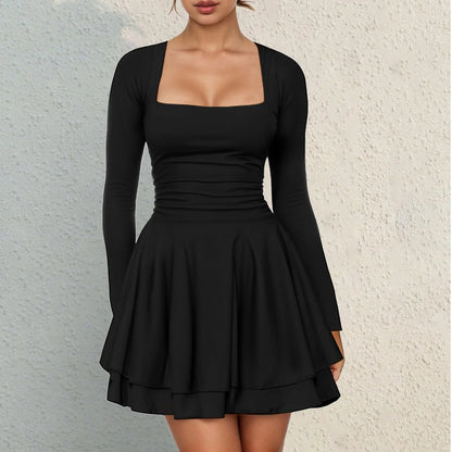 Square Neck Long Sleeve Mini Dress with Structured Waist and Ruffle Hem