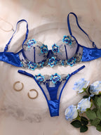 Royal Blue 3D Floral Embroidered Sheer Mesh Balconette Bra and Strappy Thong Set