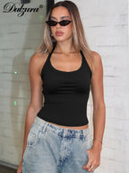 Halter Crop Tank Top with Slim Fit Open Back Contemporary Streetwear Style