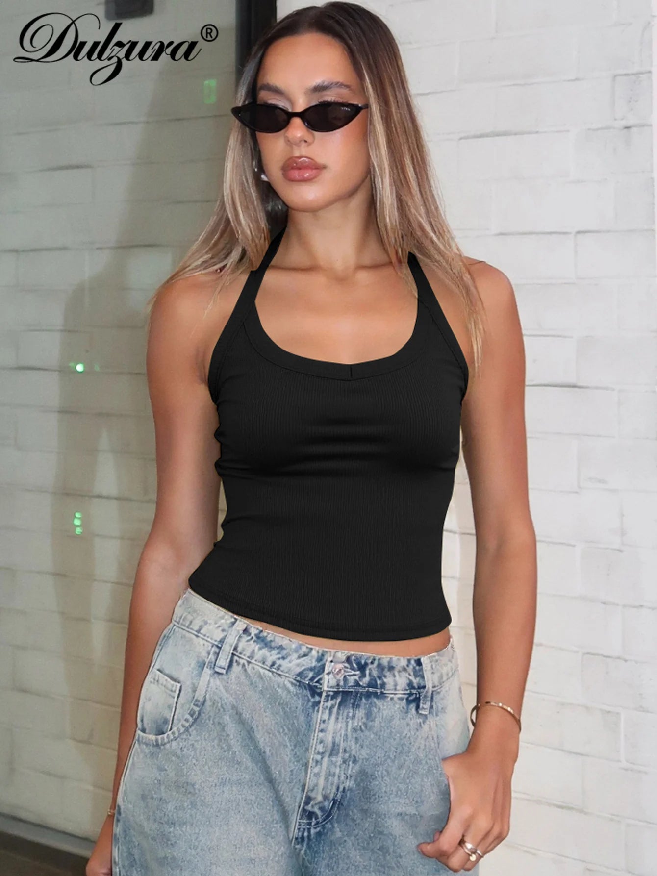 Halter Crop Tank Top with Slim Fit Open Back Contemporary Streetwear Style