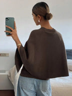 Women's Relaxed Batwing Sleeve Crew Neck Cotton Knit Poncho Style Casual Pullover Sweater