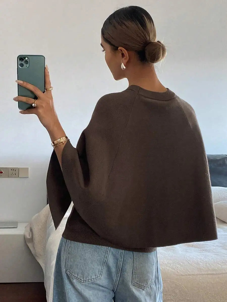 Women's Relaxed Batwing Sleeve Crew Neck Cotton Knit Poncho Style Casual Pullover Sweater