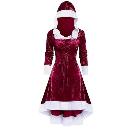 Dark Holiday Velvet Hooded Gothic Princess Dress with Flared Skirt