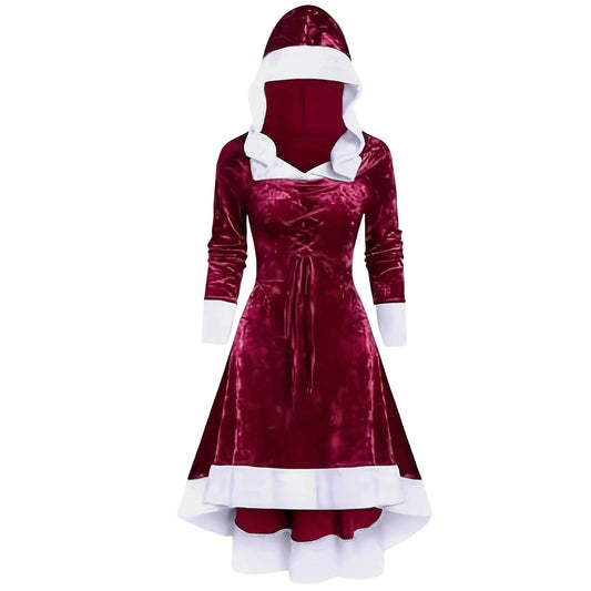 Dark Holiday Velvet Hooded Gothic Princess Dress with Flared Skirt