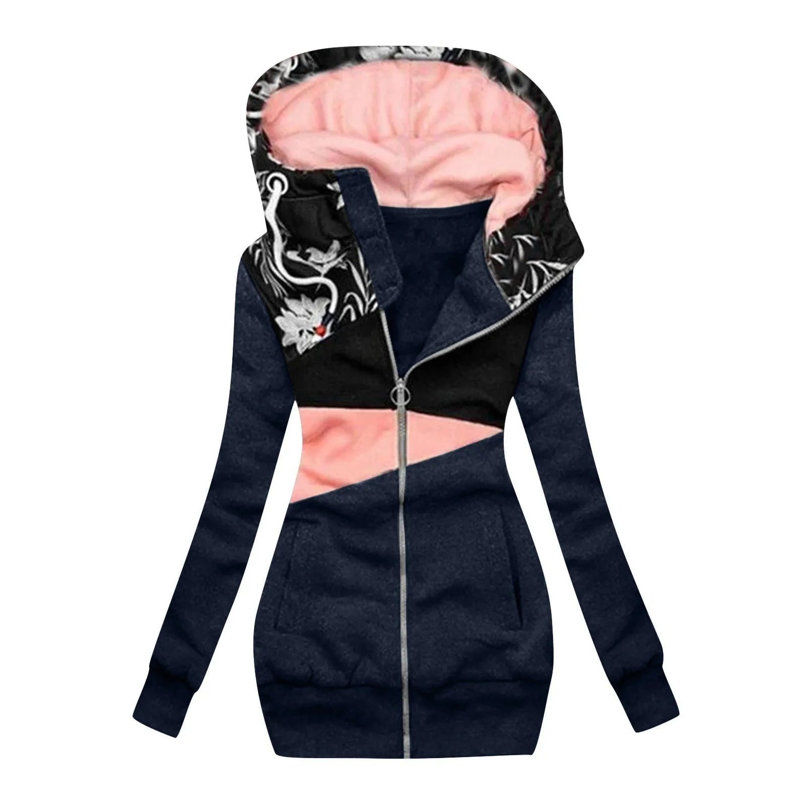 Women's Hooded Zip-Up Jacket with Patchwork Graphic Relaxed Streetwear Everyday Style