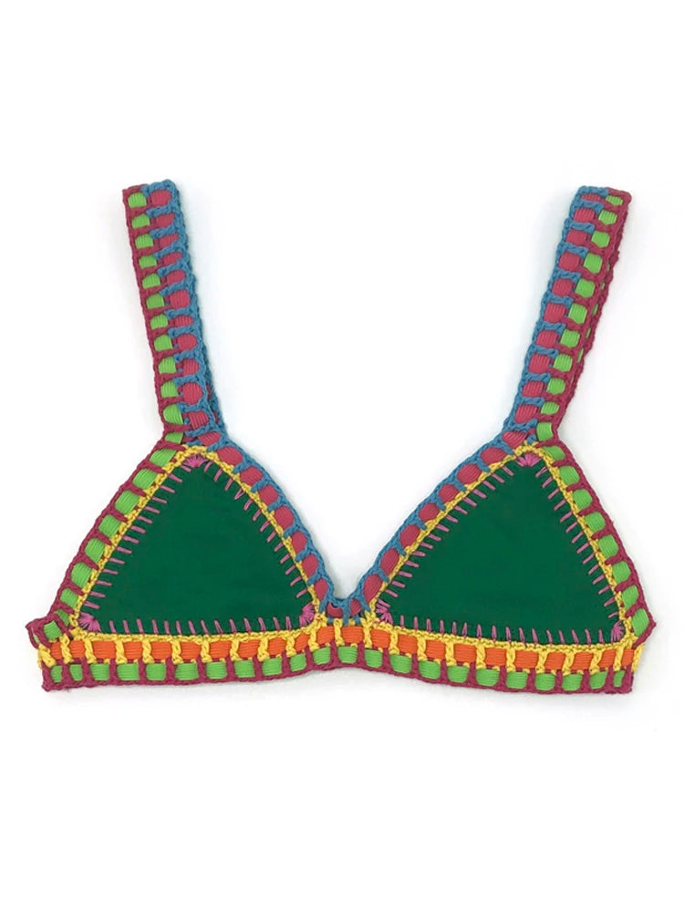 Deep Emerald Green Crochet Bikini Set with Multi-Color Woven Edging