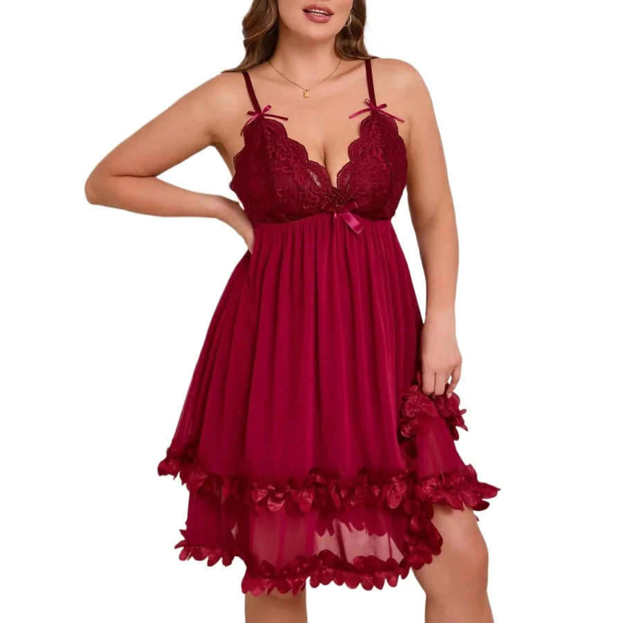 Romantic Deep Red Babydoll Chemise with Floral Lace Bodice and Ruffled Mesh Skirt