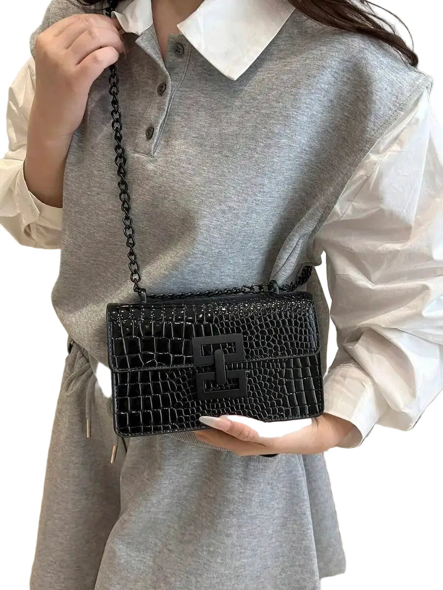 Mini Croc Texture Chain Strap Crossbody Shoulder Bag with Flap Closure