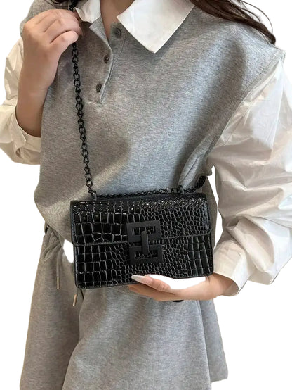 Mini Croc Texture Chain Strap Crossbody Shoulder Bag with Flap Closure