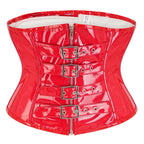 High-Shine Black Faux Leather Underbust Corset with Front Zipper and Metal Buckles