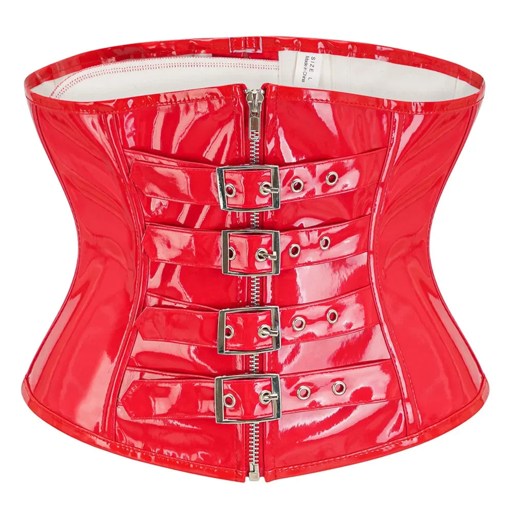 High-Shine Black Faux Leather Underbust Corset with Front Zipper and Metal Buckles