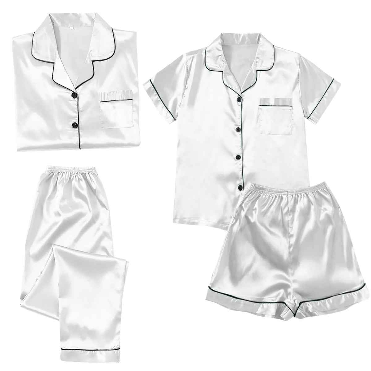 Women's 4-Piece Satin-Look Pajama Set, Short- and Long-Sleeve Tops with Matching Pants and Shorts, Soft Coordinated Loungewear
