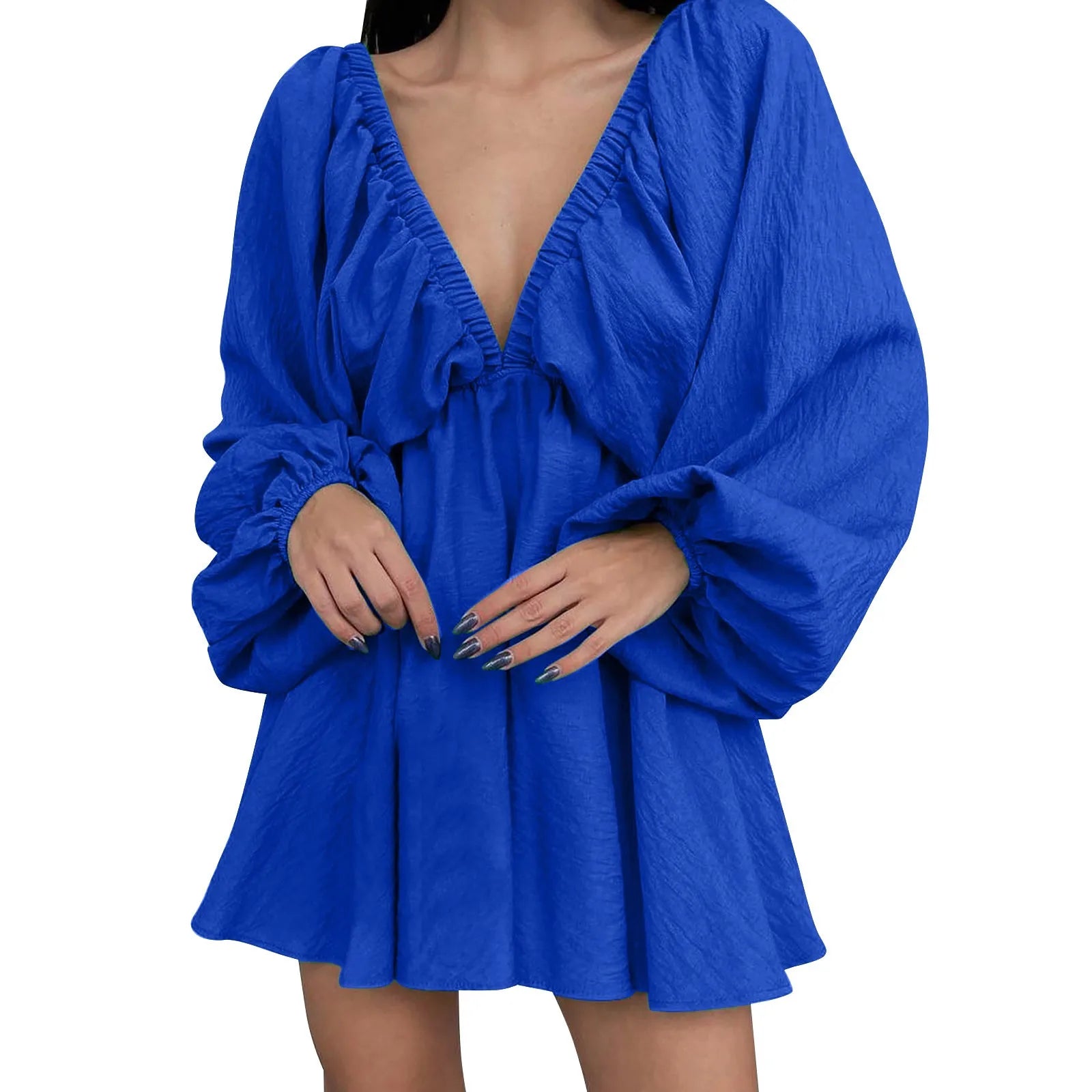 Deep V Neck Pleated Maxi Dress with Flowing Long Sleeves