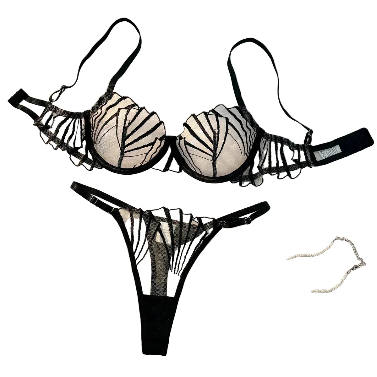 Bold Architectural Black Mesh and Embroidered Line Lingerie Set