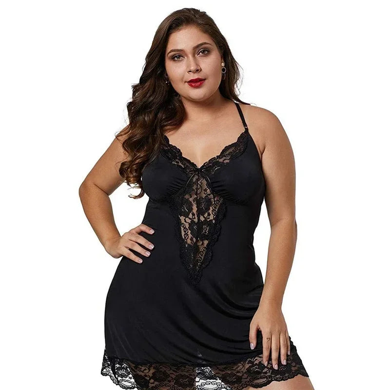Women's Satin-Look Lace Spaghetti-Strap Mini Nightgown, Sleeveless V-Neck Slip Dress with Delicate Lace Trim, Plus-Size Sleepwear