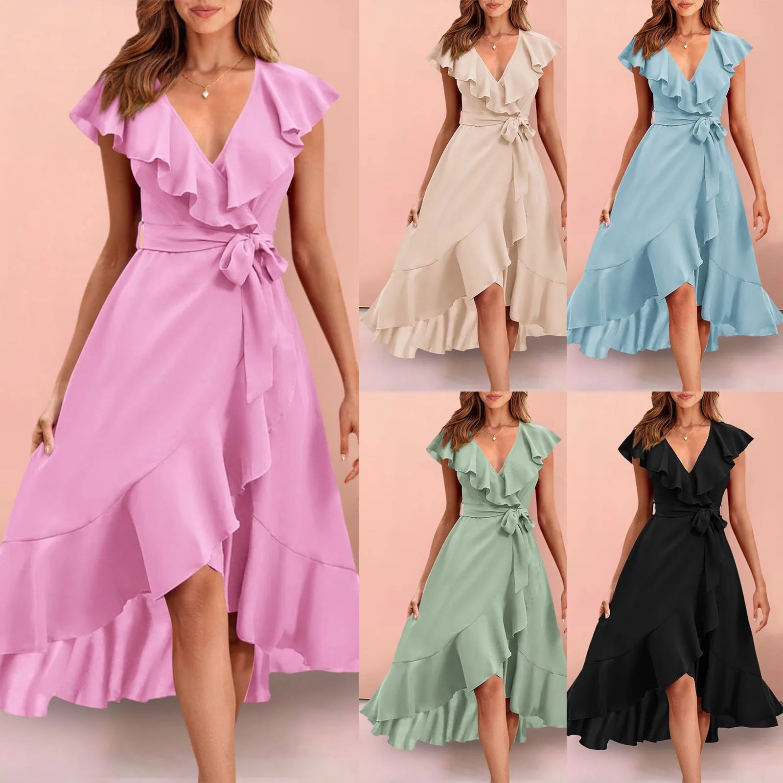 Ruffle Detail Wrap Midi Dress with Layered Contemporary Silhouette