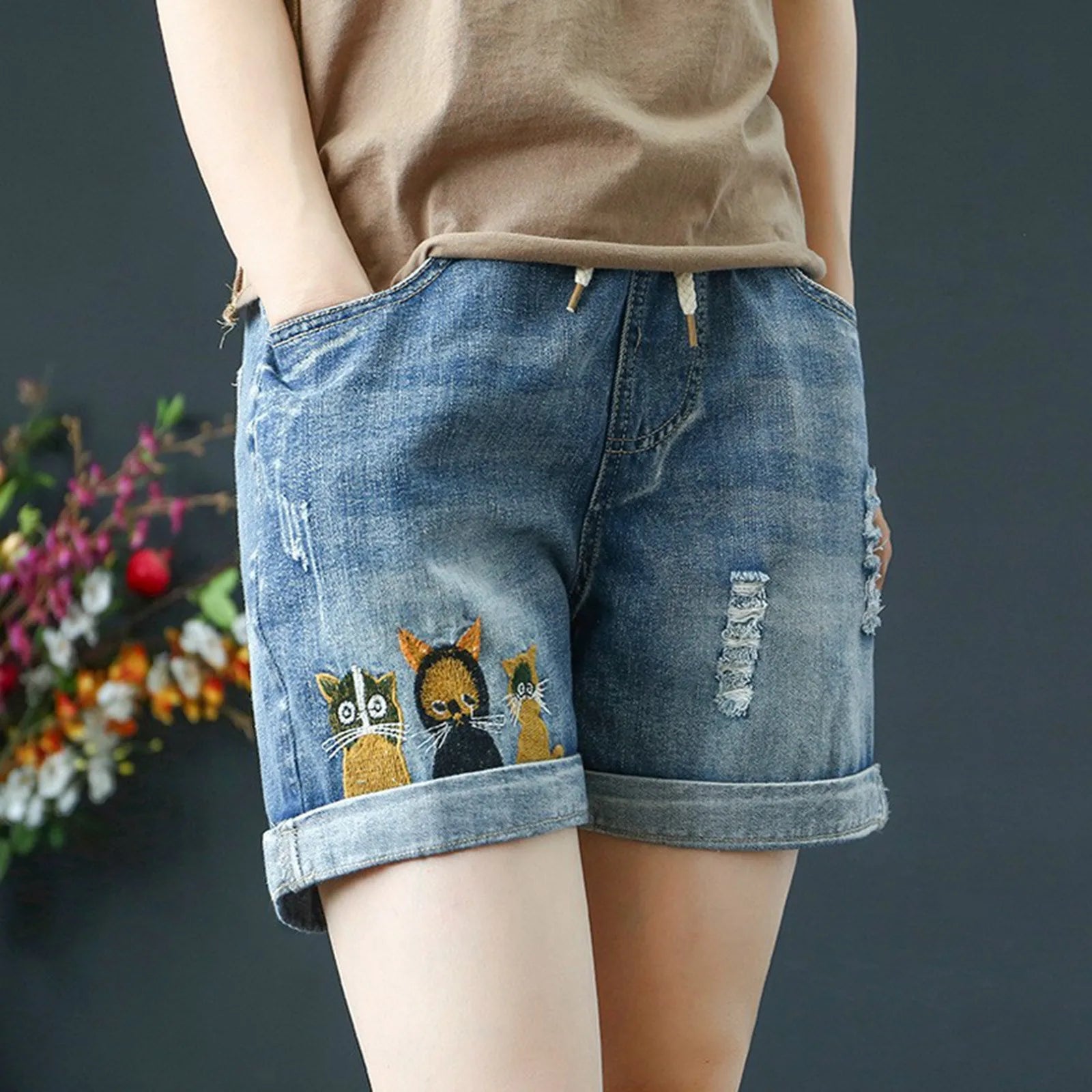 Women's Relaxed Denim Shorts with Drawstring Waist Embroidered Details and Casual Wide Leg Fit