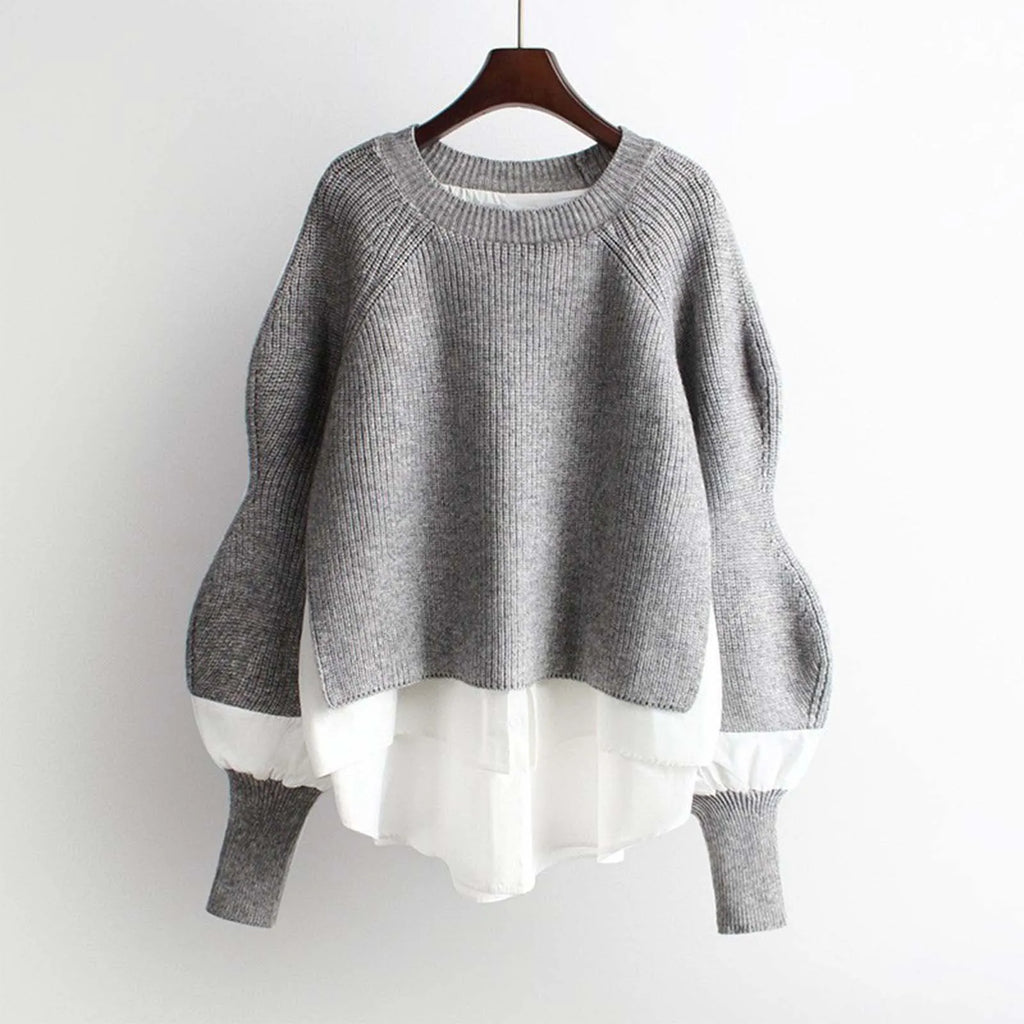 Women's Patchwork Textured Knit Lantern Sleeve Casual Streetwear Sweater